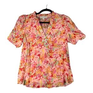 Hale Bob Floral Ruffle V Neck Short Sleeve Blouse Women's XS